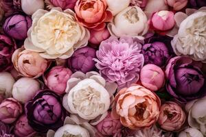 AI generated closeup of many purple, pink and white peonies with pink leaf, photo