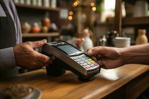 AI generated a vendor using a contactless payment device to accept payment from a customer photo