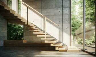 AI generated stairs with natural light coming through windows photo