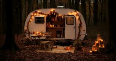 AI generated an old class camper set up in the woods along with table and a lot of accessories photo