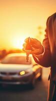 AI generated a person holding a key, representing the excitement and achievement of owning a new car. photo