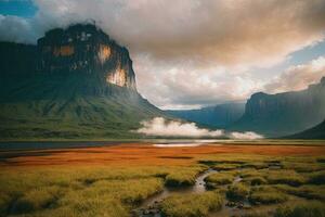 AI generated Majestic waterfalls cascading surrounded by lush cliffs and greenery Generative by AI photo