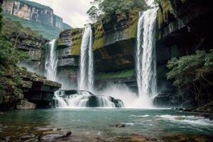 ai generado majestuoso cascadas cascada rodeado por lozano acantilados y verdor generativo por ai foto