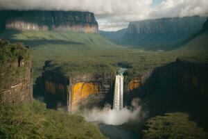 AI generated Majestic waterfalls cascading surrounded by lush cliffs and greenery Generative by AI photo