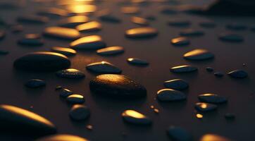 AI generated Smooth stones in a line on a beach at sunset with reflections vibrant sky colors Generative by AI photo