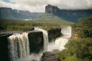 ai generado majestuoso cascadas cascada rodeado por lozano acantilados y verdor generativo por ai foto