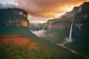 AI generated Majestic waterfalls cascading surrounded by lush cliffs and greenery Generative by AI photo