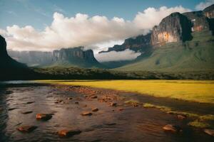 AI generated Majestic waterfalls cascading surrounded by lush cliffs and greenery Generative by AI photo