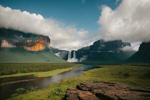 AI generated Majestic waterfalls cascading surrounded by lush cliffs and greenery Generative by AI photo