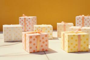 AI generated pink, brown and white polka dot boxes wrapped in papers photo