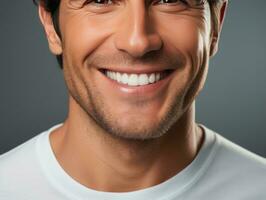 AI generated smiling young man with porcelain veneers. photo