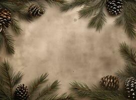 AI generated rustic pine branches and pine cones on a natural background photo