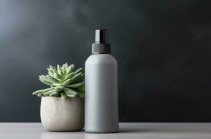 AI generated image of an empty skin care bottle standing on a grey table with succulent photo