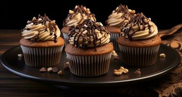 AI generated cupcakes with chocolate chip frosting and walnuts photo