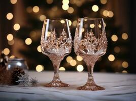 ai generado Pareja de lentes con adornos de copos de nieve en mesa en invierno foto