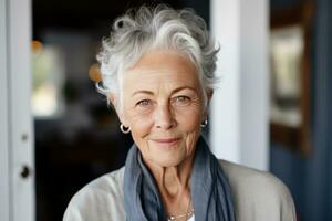 AI generated elderly woman smiling with long hair in white shirt photo