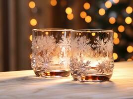 AI generated couple of glasses with ornaments of snowflakes on table in winter photo