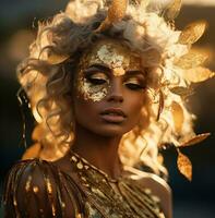 AI generated girl with gold face paint and glittering hair, photo