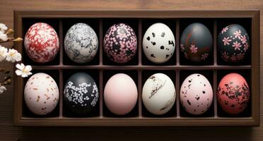 ai generado vistoso Pascua de Resurrección huevos en de madera caja con Cereza flores y flores foto