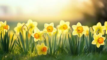 ai generado un brillante y alegre imagen de amarillo narcisos con un borroso antecedentes de verde césped foto