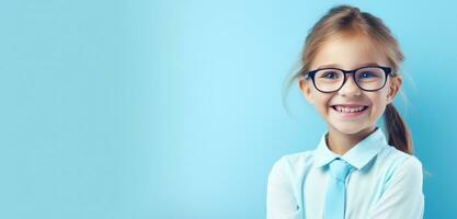 AI generated young girl in glasses smiling in blue background photo