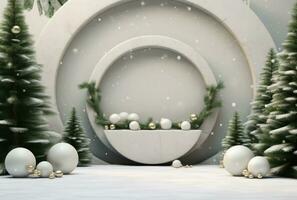 AI generated white podium with Christmas trees and decorations on a green background photo