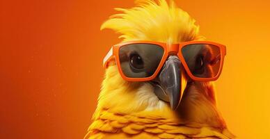 ai generado un brillante amarillo pájaro vistiendo Gafas de sol en un naranja antecedentes foto