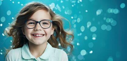 AI generated young girl in glasses smiling in blue background photo