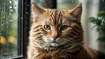 ai generado jengibre gato sentado por un ventana con gotas de lluvia, mirando con un pensativo expresión generativo por ai foto