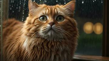 AI generated Ginger cat sitting by a window with raindrops, looking with a thoughtful expression Generative by AI photo