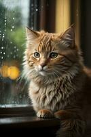 AI generated Ginger cat sitting by a window with raindrops, looking with a thoughtful expression Generative by AI photo