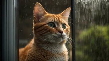 ai generado jengibre gato sentado por un ventana con gotas de lluvia, mirando con un pensativo expresión generativo por ai foto