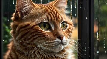 AI generated Ginger cat sitting by a window with raindrops, looking with a thoughtful expression Generative by AI photo