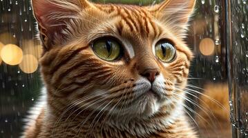 AI generated Ginger cat sitting by a window with raindrops, looking with a thoughtful expression Generative by AI photo