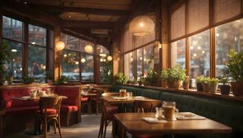AI generated Cozy restaurant interior with warm lighting, wooden furniture by large windows Generative by AI photo