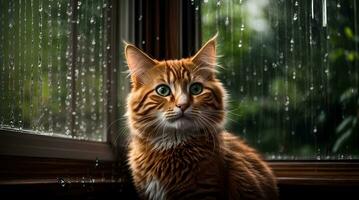 AI generated Ginger cat sitting by a window with raindrops, looking with a thoughtful expression Generative by AI photo