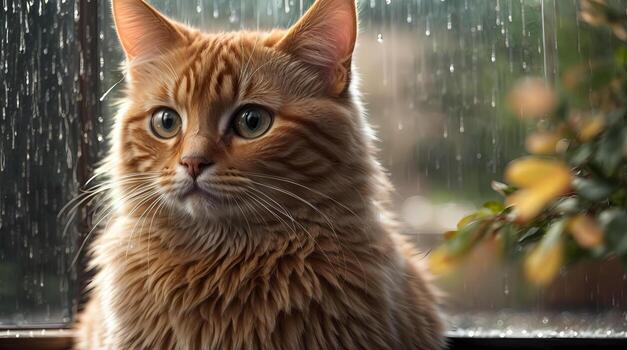 ai generado jengibre gato sentado por un ventana con gotas de lluvia, mirando con un pensativo expresión generativo por ai foto