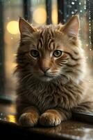 AI generated Ginger cat sitting by a window with raindrops, looking with a thoughtful expression Generative by AI photo