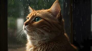 ai generado jengibre gato sentado por un ventana con gotas de lluvia, mirando con un pensativo expresión generativo por ai foto