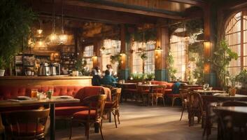 AI generated Cozy restaurant interior with warm lighting, wooden furniture by large windows Generative by AI photo