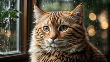 ai generado jengibre gato sentado por un ventana con gotas de lluvia, mirando con un pensativo expresión generativo por ai foto