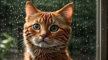 ai generado jengibre gato sentado por un ventana con gotas de lluvia, mirando con un pensativo expresión generativo por ai foto