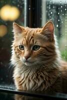 AI generated Ginger cat sitting by a window with raindrops, looking with a thoughtful expression Generative by AI photo