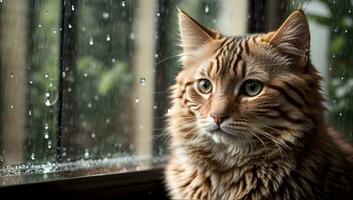 AI generated Ginger cat sitting by a window with raindrops, looking with a thoughtful expression Generative by AI photo