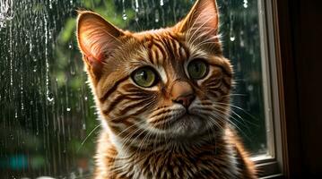 ai generado jengibre gato sentado por un ventana con gotas de lluvia, mirando con un pensativo expresión generativo por ai foto