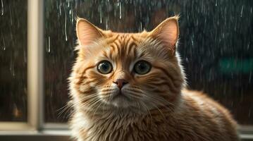 AI generated Ginger cat sitting by a window with raindrops, looking with a thoughtful expression Generative by AI photo