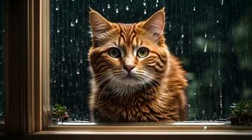 ai generado jengibre gato sentado por un ventana con gotas de lluvia, mirando con un pensativo expresión generativo por ai foto