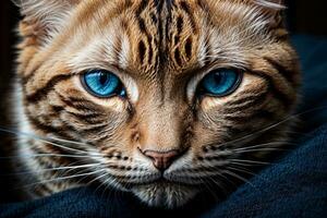 ai generado de cerca de un marrón atigrado gato con sorprendentes azul ojos acostado abajo generativo por ai foto