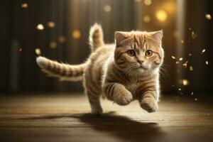 AI generated Tabby cat leaping gracefully with floating fur in warm, sunlit room Generative by AI photo