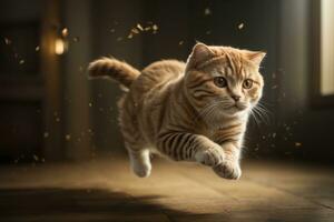 AI generated Tabby cat leaping gracefully with floating fur in warm, sunlit room Generative by AI photo